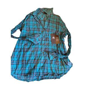 NWT Rock & Republic Womens Crinkled green  Plaid Shirt With Studded Details Butt